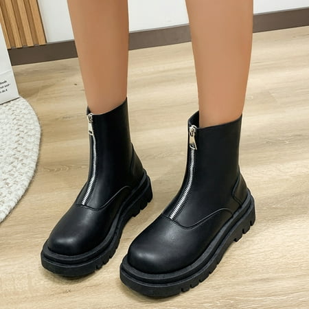 

KEUSN Ladies Fashion Solid Color Leather Round Toe Front Zipper Platform Short Boots