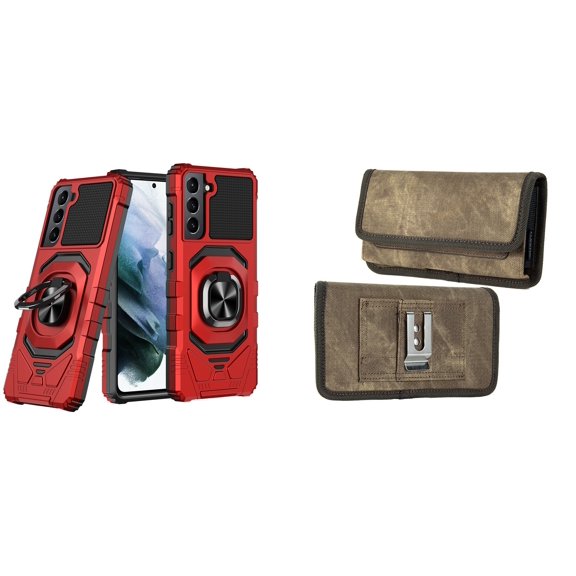 Case with Belt Holster Bundle for Samsung Galaxy S22 Ultra: Heavy Duty Shield Cover (Red) and Rugged Denim Nylon Phone Pouch (Tan Brown)