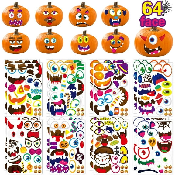 16 Sheets Pumpkin Face Stickers, Halloween Pumpkin Face Sticker for Kids Toddlers, Halloween Party Decorating & Party Favor Supplies