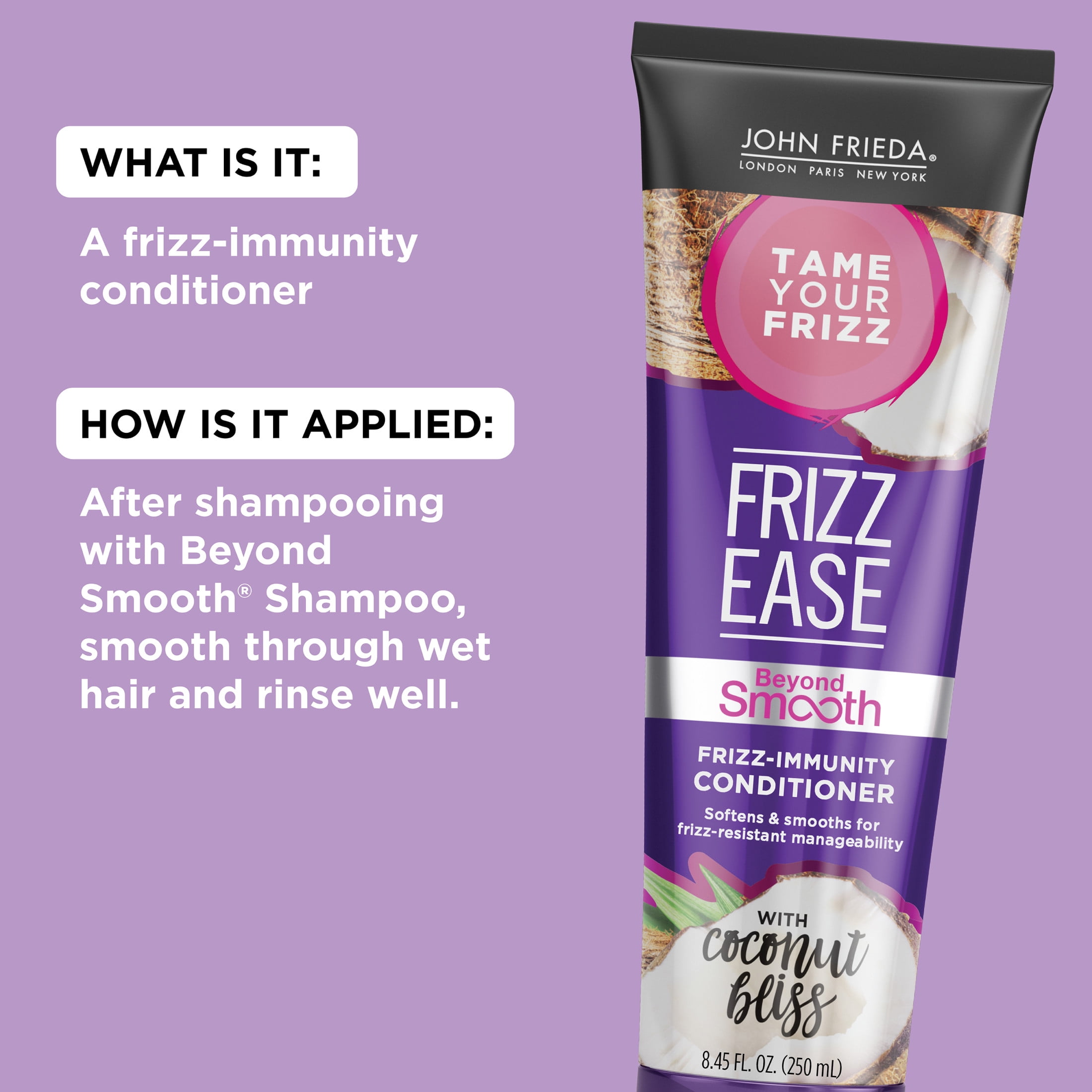 John Frieda Frizz Ease Beyond Smooth Conditioner, for Dry, Damaged Hair, Coconut Bliss, 8.45 oz