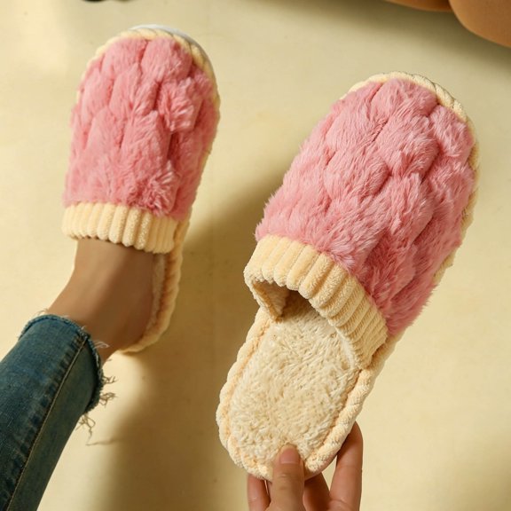 Viluyesy Womens Scuff Slippers Braided Fuzzy Plush Corduroy Trim Closed Toe Non Slip Warm Indoor House Slides Pink Size 6-7