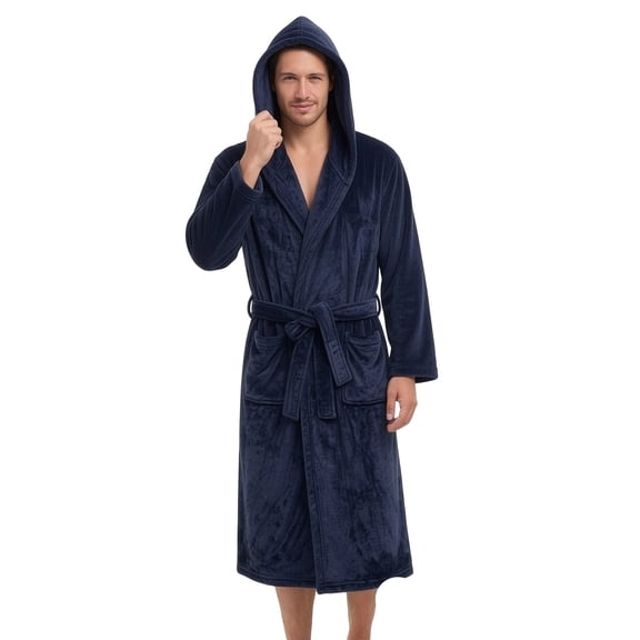 Lanyiu Men Hooded Flannel Bathrobe Full Length Warm Loungewear With Waist Tie Pockets