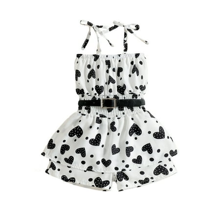 

Canrulo Summer Baby Girls Sweet Romper Dress Heart Printed Strap Sleeveless Lace Up Jumpsuits With Belt White 3-4 Years
