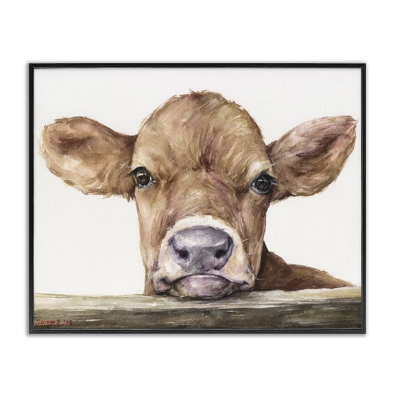 Stupell Industries Farmhouse Baby Cow Animal Watercolor Black Framed Giclee Art, 14 x 11, by George Dyachenko