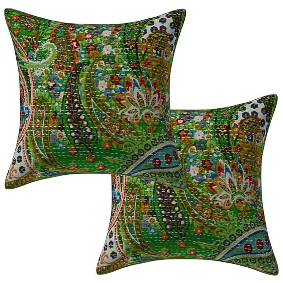 Stylo Culture Indian Couch Throw Pillow Covers 16 x 16 Floral Kantha Parrot Green Printed 40cm x 40cm Home Decor Cotton Paisley Square Cushion Covers | Set Of 2