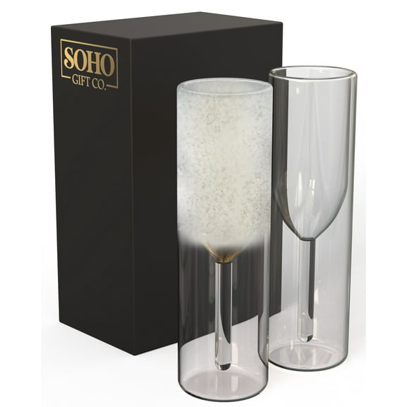 SoHo Champagne Flutes Glasses, Set of 2 Double Walled Insulated Chiller Freezer Cups for Cold Drinks (6.8oz) Gift for Her/Women (Gift Boxed)