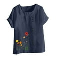 thumbnail image 4 of Taqqpue Cotton Linen Tops for Women Loose Fit Casual Roll Up Short Sleeve T-Shirt Trendy Cute Floral Print Blouse Crew Neck Buttons Shirts, 4 of 4