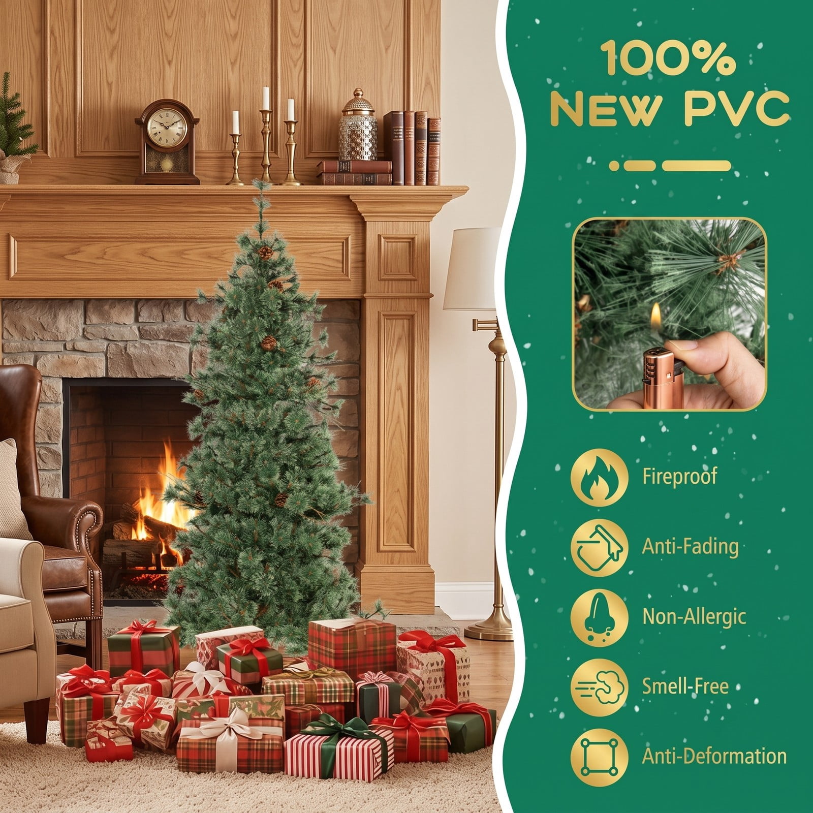 RUIE 6 Feet Pre-Lit Artificial Christmas Tree, Hinged Xmas Pine Tree with 200 Warm White LED Lights and 22 Pine Cones for Holiday Indoor Decor, Green