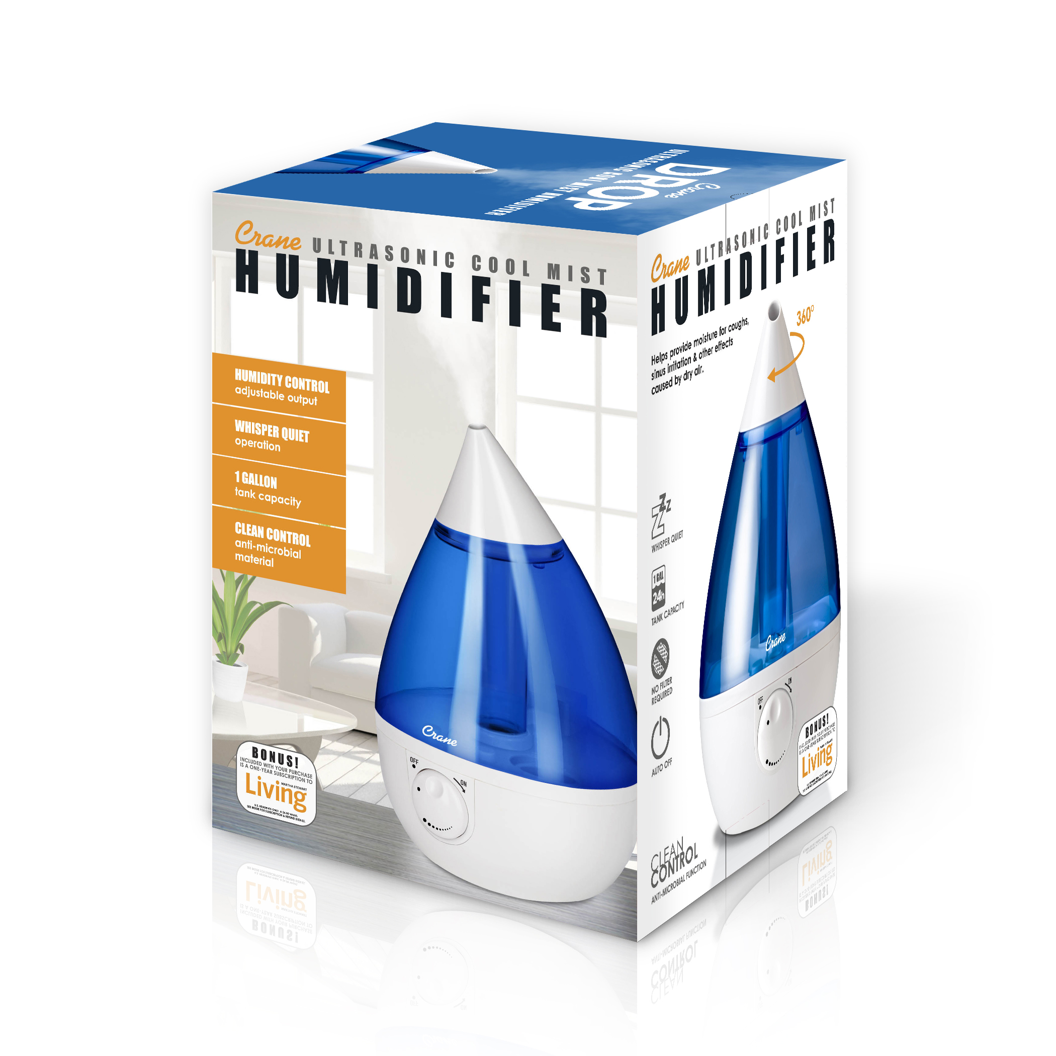Crane Drop Ultrasonic Cool Mist Humidifier, 1.0 Gallon, 24 Hour Run Time, Whisper Quiet, 500 Sq. Ft. Coverage, Blue/White - image 4 of 10