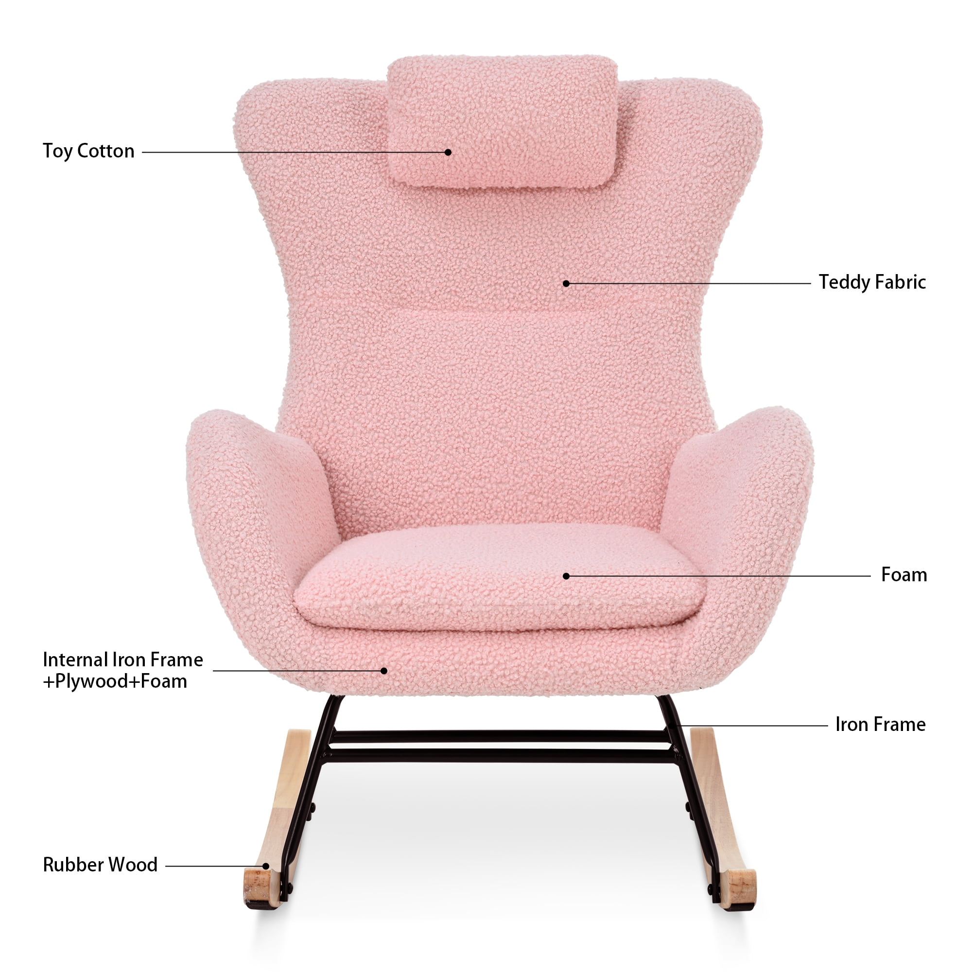 Rocking Chair Nursery, Teddy Upholstered Rocker Glider Chair w/High Backrest, Adjustable Headrest & Pocket, Comfy Glider Chair for Nursery, Bedroom, Living Room, Offices, Rubber wood, pink 17753