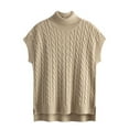 thumbnail image 2 of Amidoa Cable Knit Sweaters for Women Beige Turtleneck Short Sleeve Light Shirring Hem Sweater Vests Cardigans for Women, 2 of 7