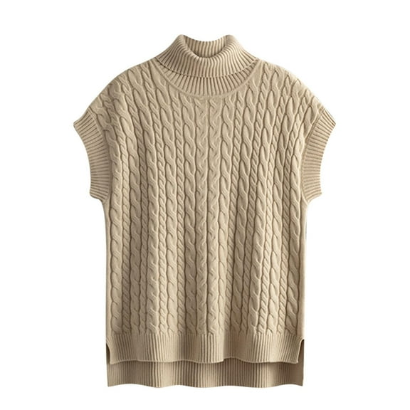 Turtleneck Sweater Vest Women Cable Knit Cap Sleeve Tops Cotton Solid Side Slit Casual Loose Pullover Knitwear, Khaki, Free Size