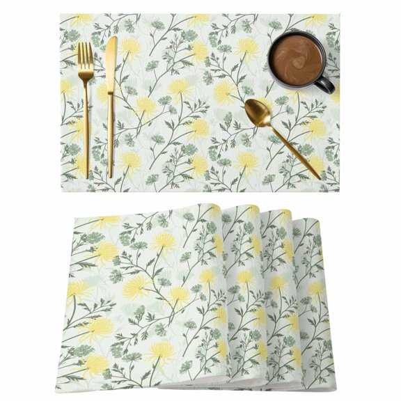 Yellow Spring Floral Placemats Set of 12, Flowers Leaves Pastoral Botanical Placemats for Dining Table, Place Mats for Kitchen Tabletop, Waterproof Wipeable Dining Table Mats Set