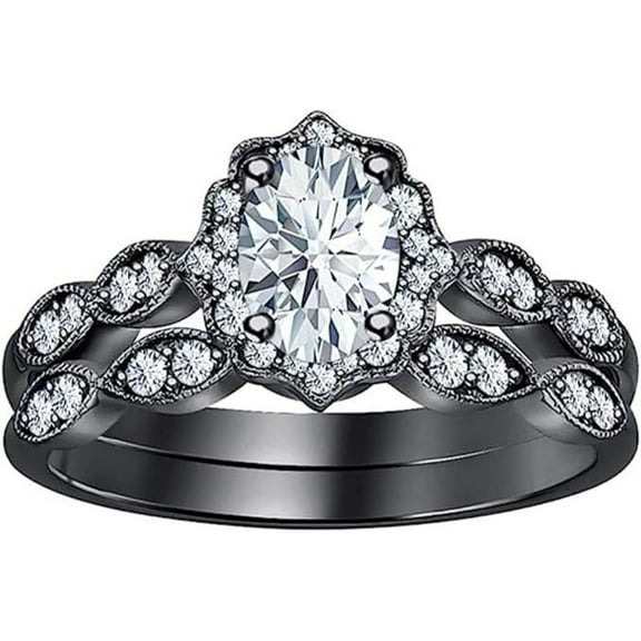 925 Sterling Silver 14K Black Gold Plated Oval Shape White Diamond Beautiful Milgrain Engagement Wedding Bridal Ring Set for Women