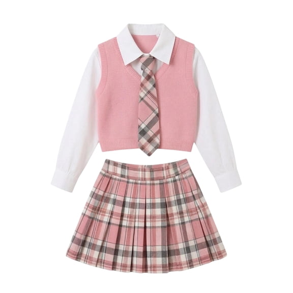 Girls 4 Piece Preppy Outfit Set, Long Sleeve Collared Shirt Knit Vest Plaid Tie Pleated Skort Uniform for Back to School Daily Outdoor Casual Wear(Pink,5-6 Years)