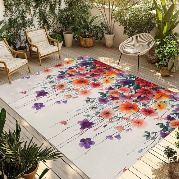 Fsddascl Modern Flowers Outdoor Rug for Patio/Deck/Porch, Non-Slip Large Area Rug 4 x 6 Ft, Orange Red Purple Pastoral Pastel Florals Indoor Outdoor Rugs Washable Area Rugs, Camping Rug Carpet