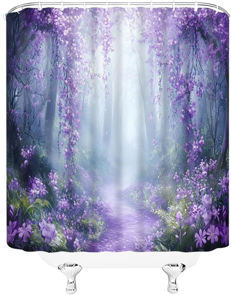 Purple Wisteria Flower Shower Curtain Forest Weeping Lilac Ivy Blurred Background Vine Fantasy Pansy Mauve Floral Jungle Garden Polyester Fabric Bathroom Curtain Sets Hooks-72"W x 72"L (Pack of 1)
