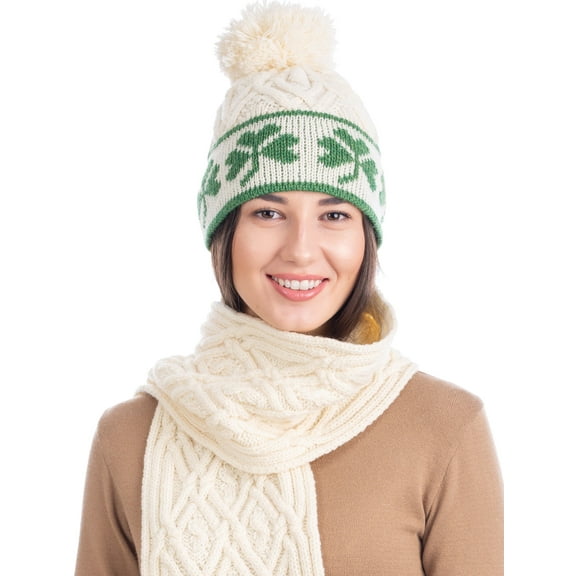SAOL Irish Shamrock Cable Knitted Pom Pom Hat 100% Merino Wool Women's Aran Cap Made in Ireland