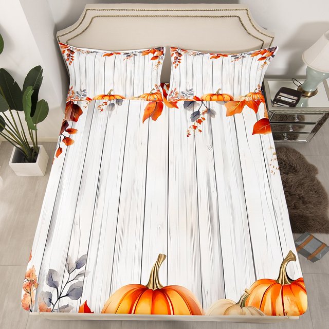 YST Ensemble de Literie Récolte de Citrouilles d'Automne, Draps de Lit Jour de l'Action de Grâce Simple Feuilles d'Érable Automne Drap-Housse pour Enfants Adolescents Adultes, Draps Porte de Grange Campagnarde Décor Rustique de Ferme