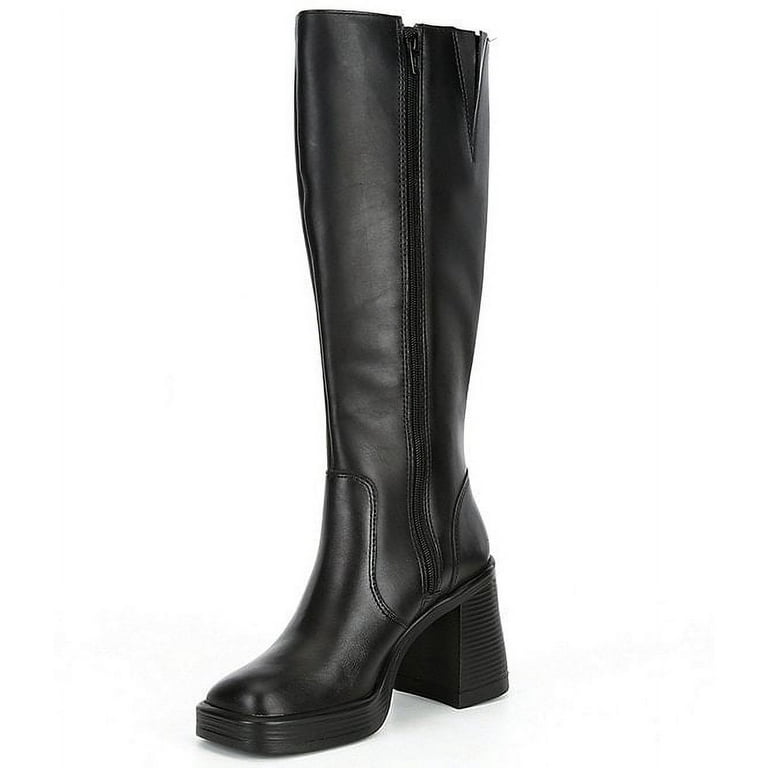Steve Madden Fanatik Black Leather Block Heel Squared Toe Knee High Boots  (Black Leather, 10)