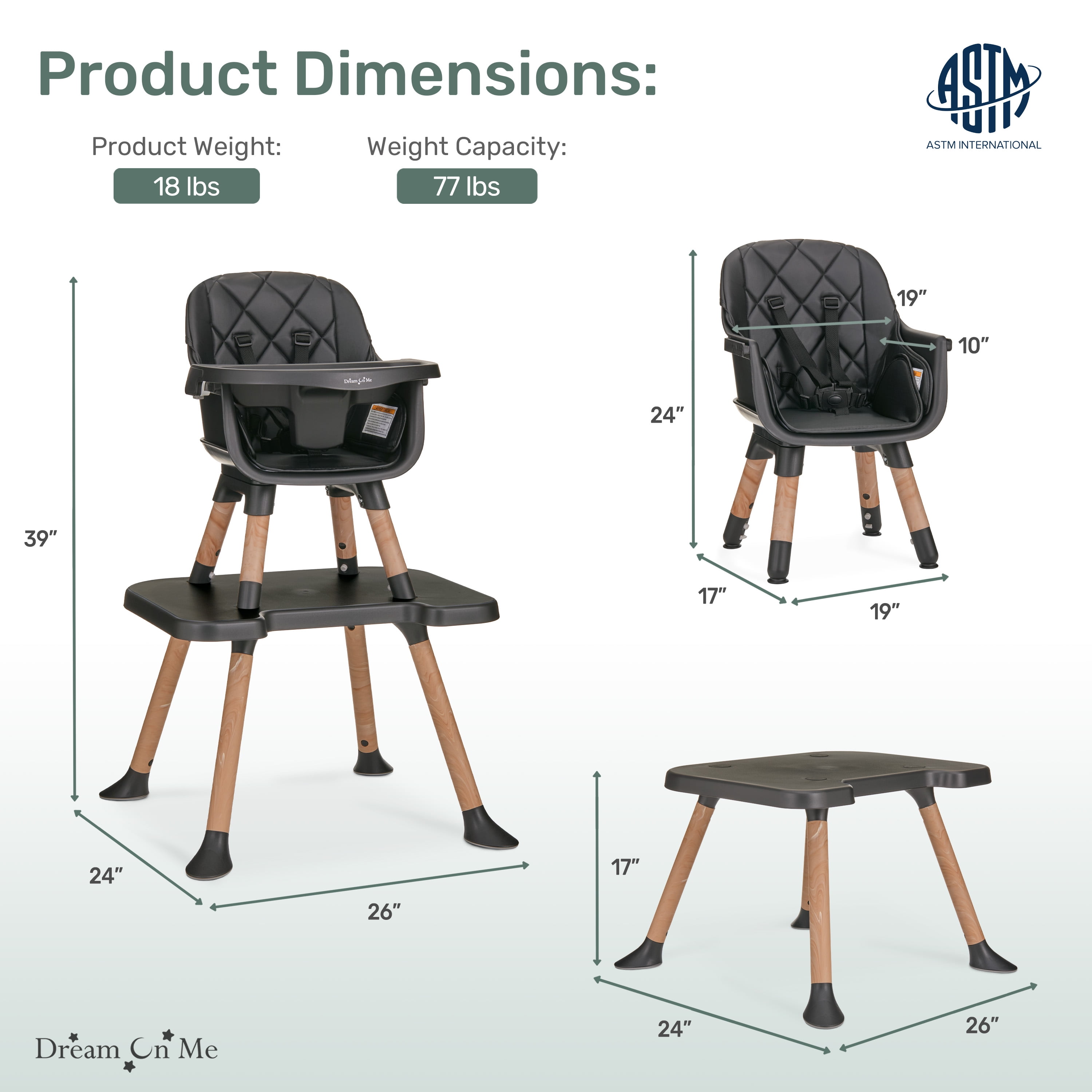 Dream On Me Luna 4 in 1 convertible Highchair, Black