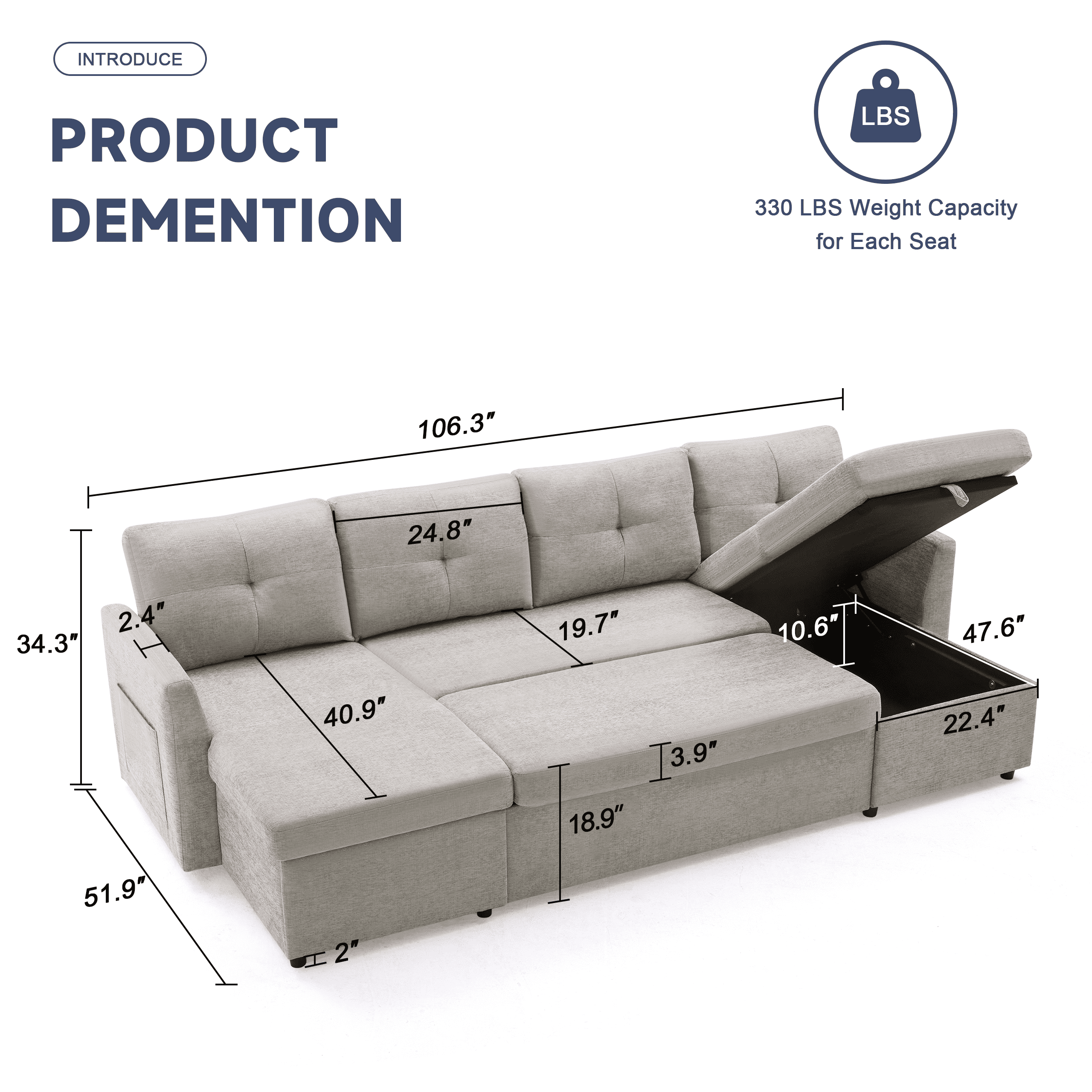 Weture Sectional Sleeper  Sofa, 2 in 1 Pullout Bed with Storage Chaise and Pillows, Side Pocket, LightGray