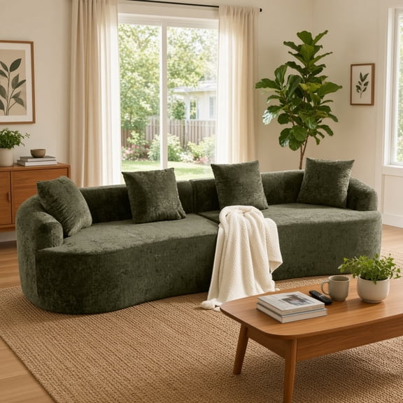 Curved Loveseat, Small Chenille Sofa with 3 Pillows, Deep Seat Couch for Apartment, Living Room, No Assembly Needed,Olive Green