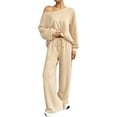 thumbnail image 3 of VV AVEORS Women 2 Piece Outfit Matching Sweat Sets Off The Shoulder Knit Set Lounge Top Wide Leg Sweatpants Tracksuit Beige XL, 3 of 7