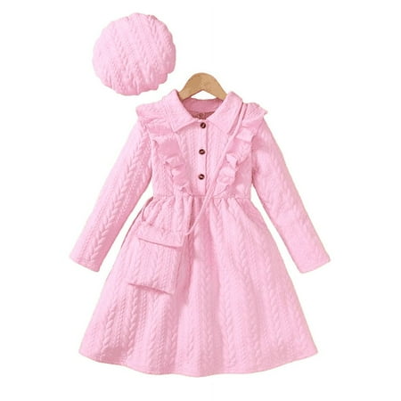 Kid Girls Elegant Knitted Jacquard Stripe Pattern  Lapel Ruffled Buttons Dress With Crossbody Bag & Beret 3Pcs Clothing Set