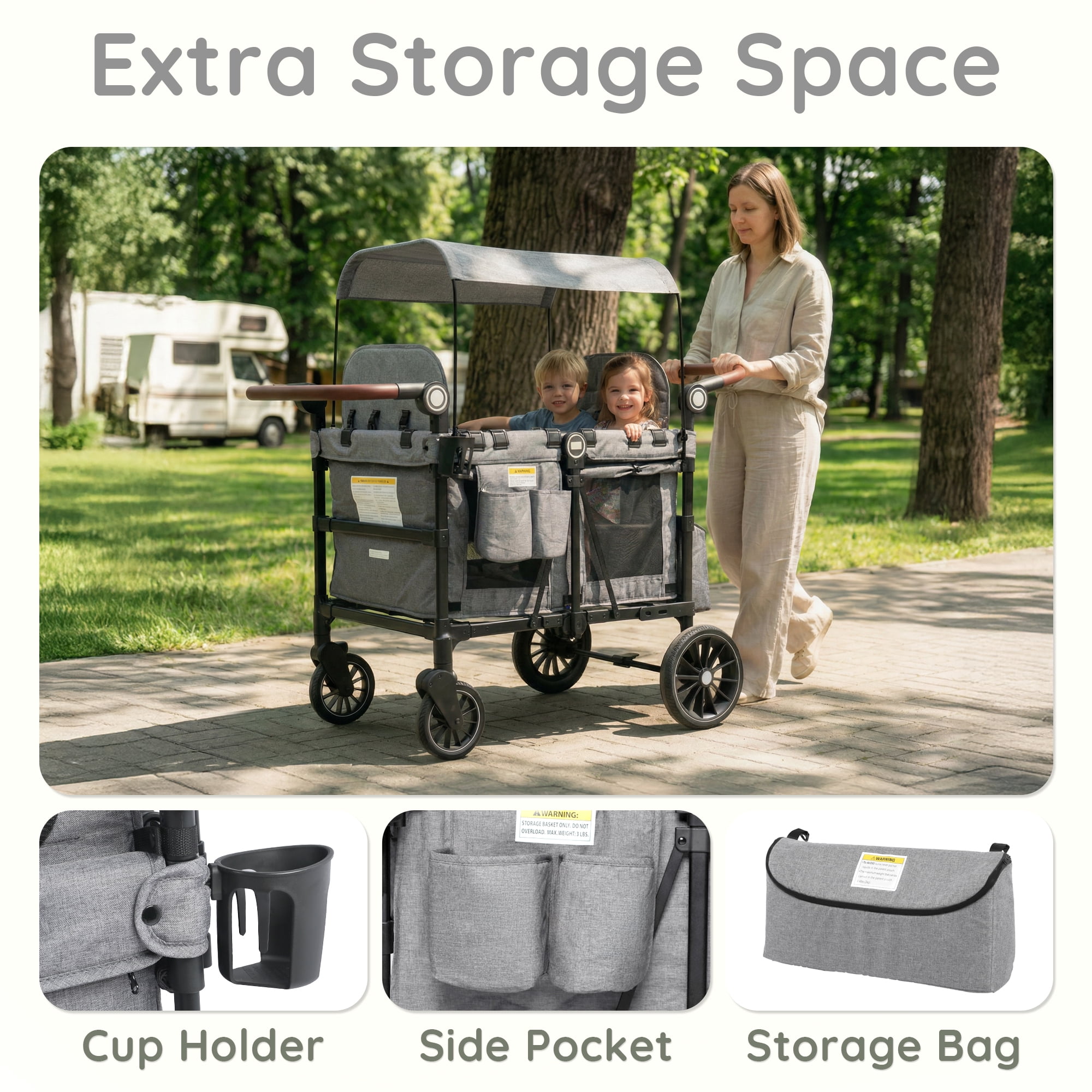 LINLUX Wagon Stroller for 4 Kids, Stroller Wagon 4 Seats w/Adjustable Handle, Detachable Tray, Gray