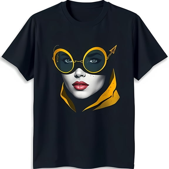 Bold Women's Face Graphic Black T-Shirt with Yellow Sunglasses & Red Stylish Statement Tee
