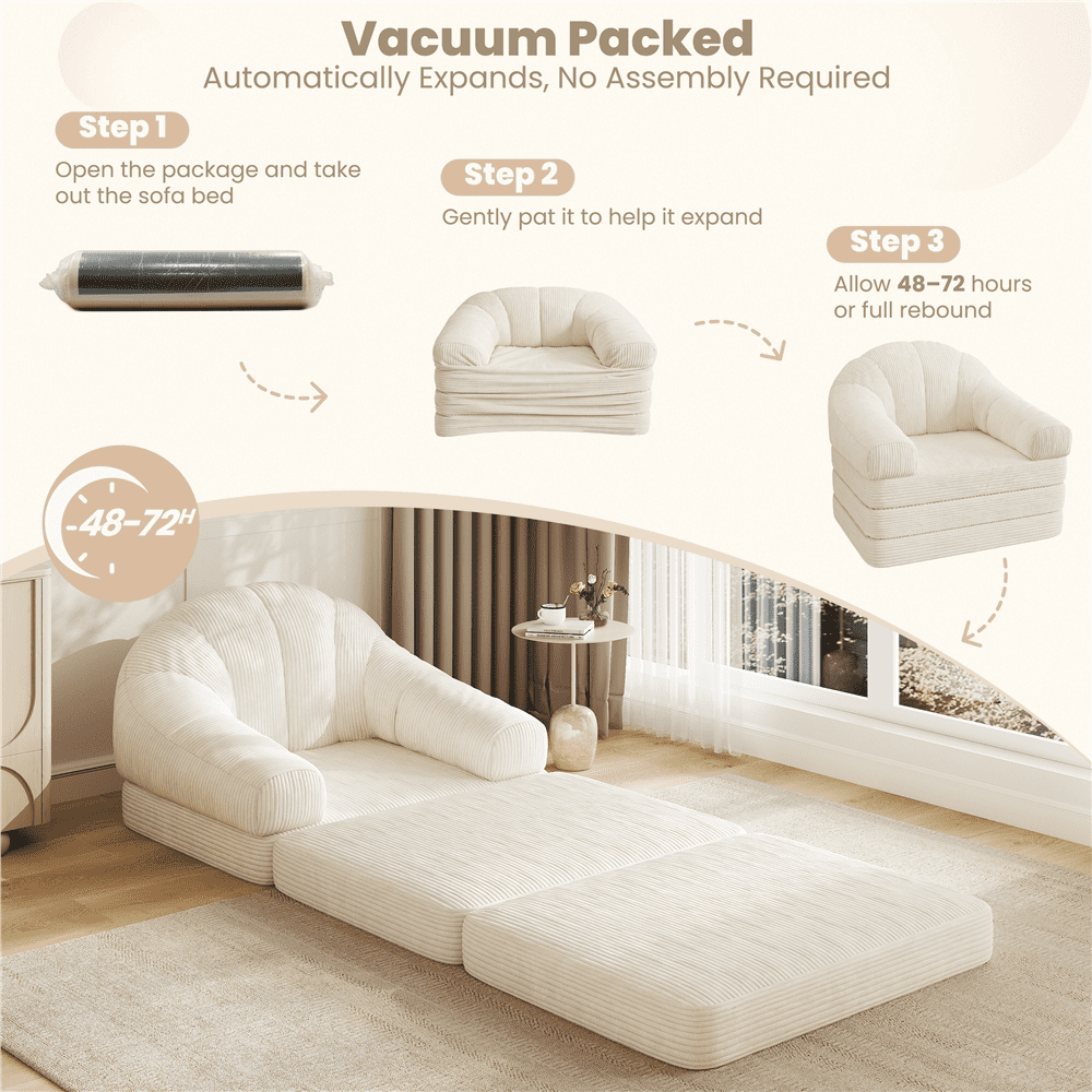 Renwick Convertible Sofa Bed 2-in-1 Folding Sleep Chair Bed Corduroy Couch with Armrests for Living Room and Bedroom, Beige