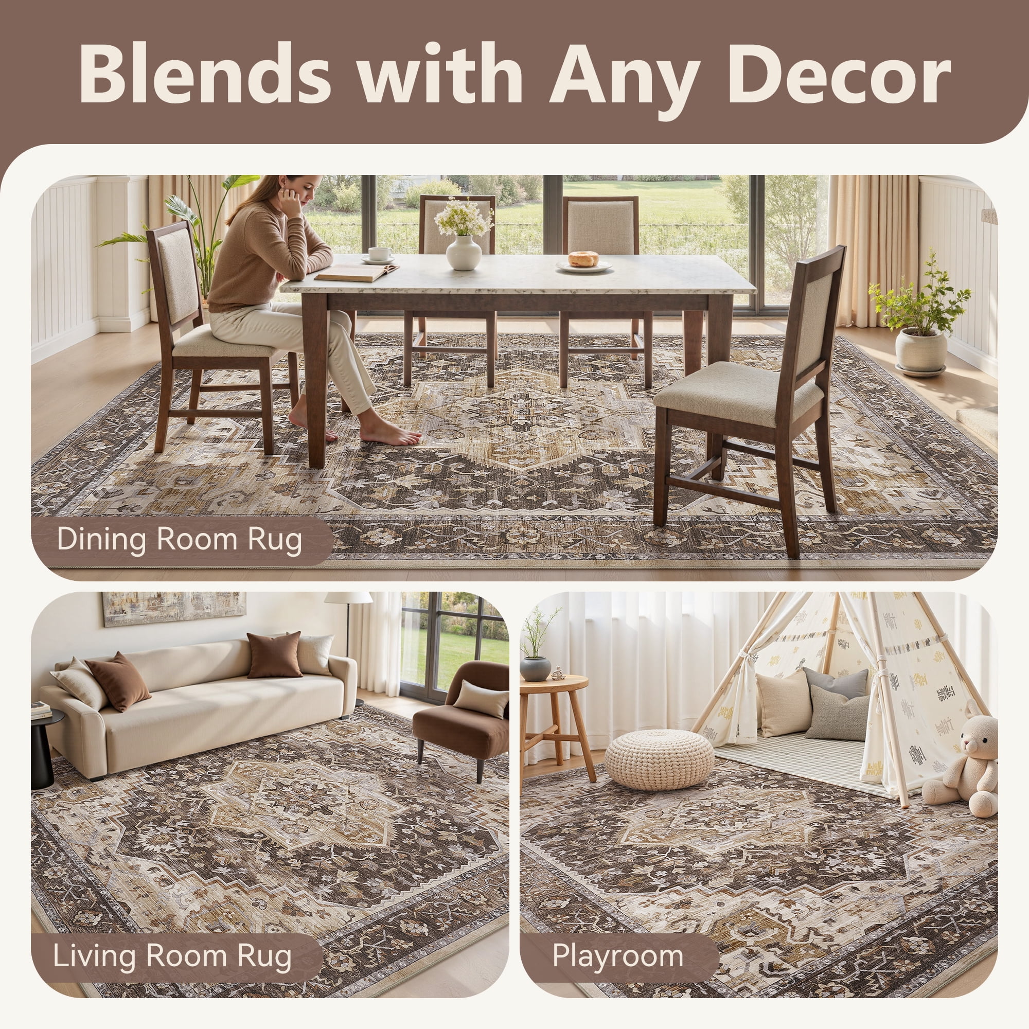 SIXHOME 8'x10' Eastern Classic Area Rug Washable Distressed Carpet Vintage Medallion Rugs for Living Room Bedroom Kitchen Dining Room Retro Neutral Home Decor Brown