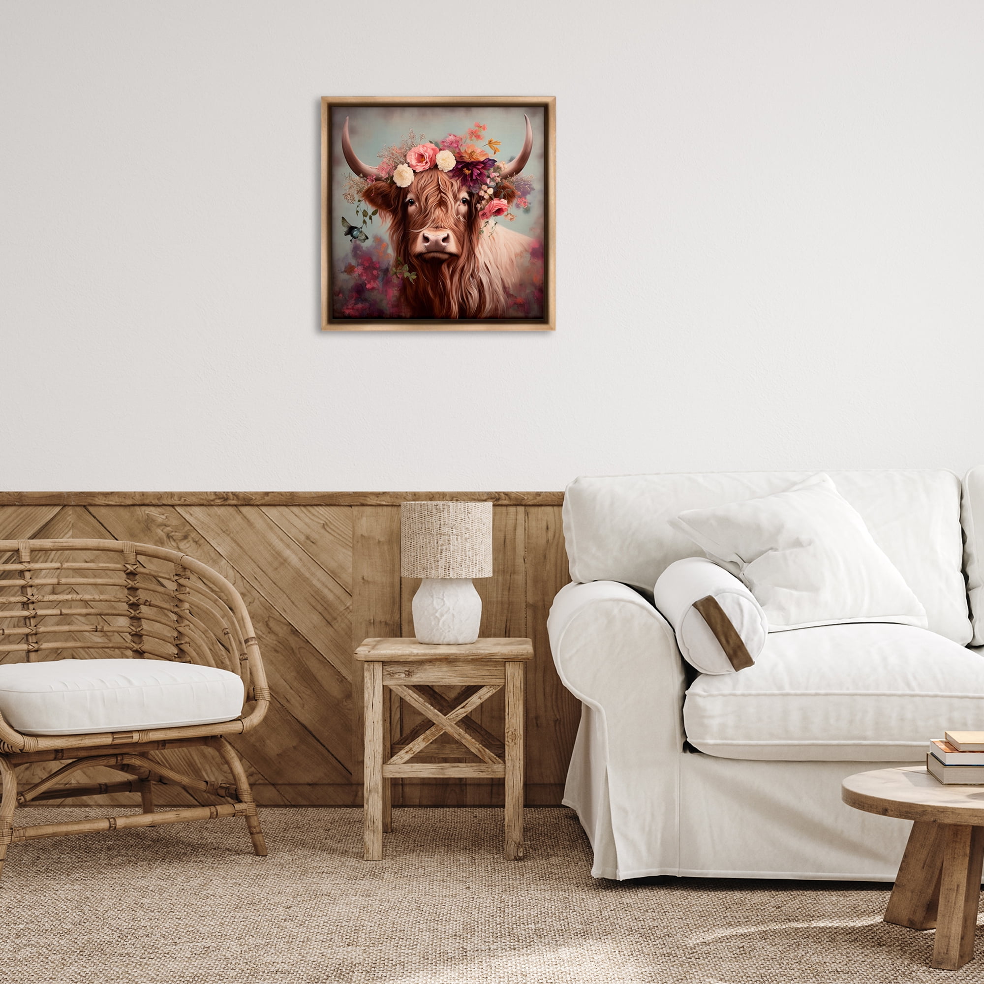 Stupell Industries Longhorn & Flower Garland Animals & Insects Painting Brown Floater Framed Canvas Art Print Wall Art, 25 x 25