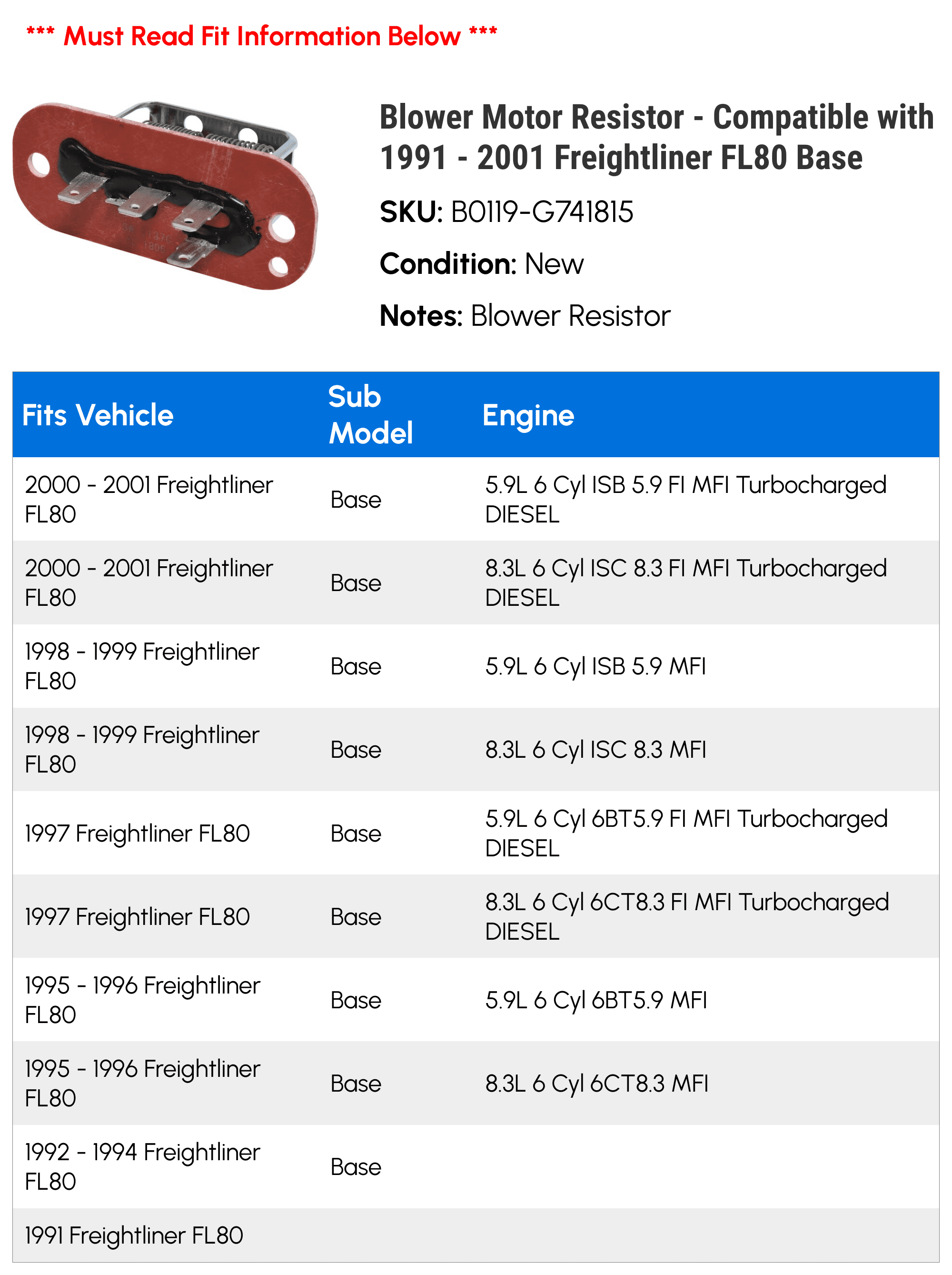 Blower Motor Resistor - Compatible with 1991 - 2001 Freightliner FL80 Base 1992 1993 1994 1995 1996 1997 1998 1999 2000