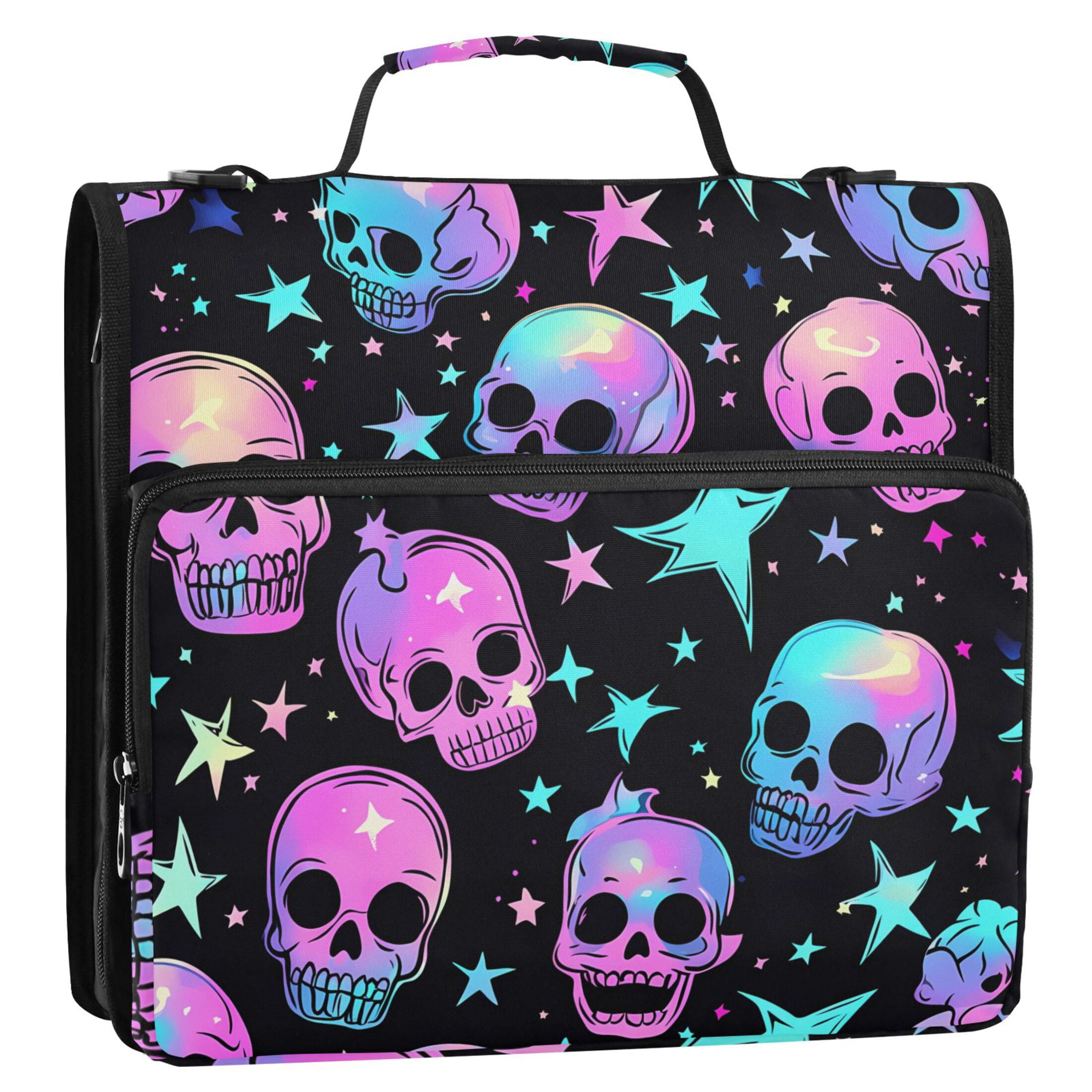 3 Ring Zipper Binder with Shoulder Strap Waterproof Trapper Keeper 2 Inch D-Ring 500 Sheets Capacity Neon Skulls and Stars