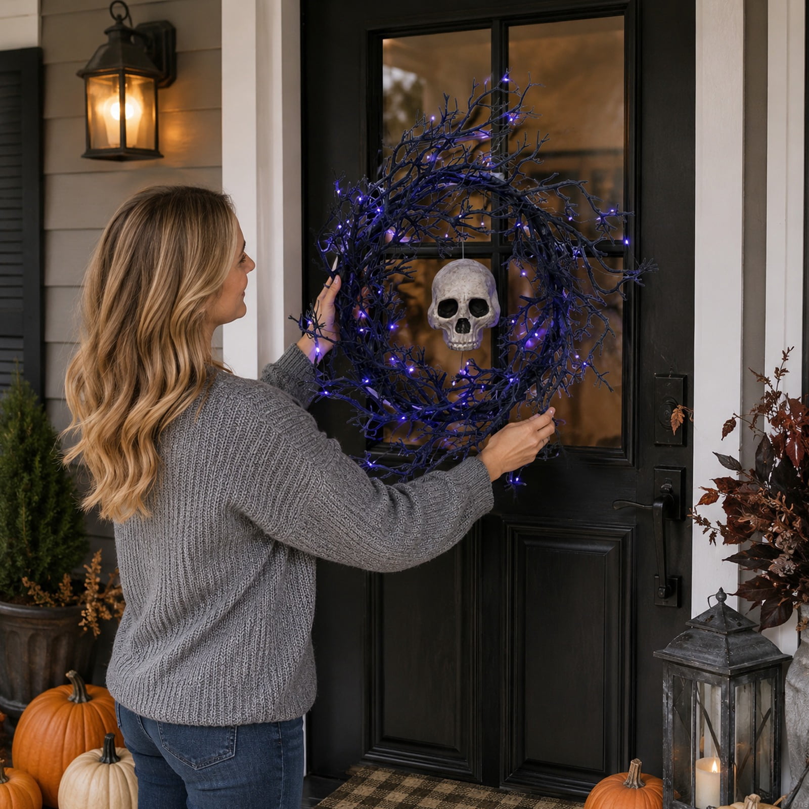 20 Inch Pre-Lit Halloween Ghost Wreath with Lights for Front Door, Spooky Illuminated Door Hanger Wreath for Outdoor Porch Wall Yard Holiday Party Home Decoration