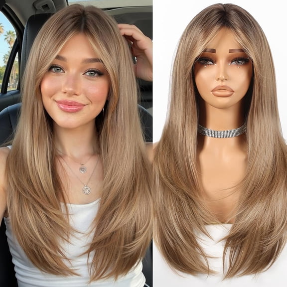JOFMWIX Ombre Light Brown Wigs For Women Long Straight layered 24 inch Middle Part Wig Natural Looking Synthetic Heat Resistant Fiber for Daily Party Use