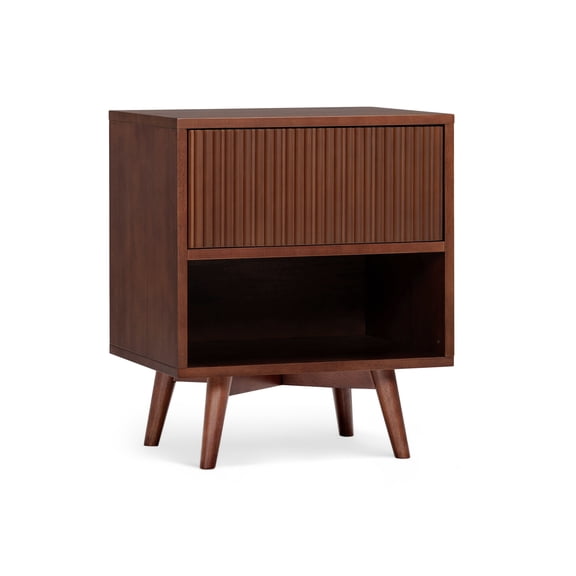Tremolo Dual Storage Bedside Nightstand, Walnut – Teamson Home: Fluted Push-Open Drawer & Open Shelf Compartment for Bedroom & Guest Room