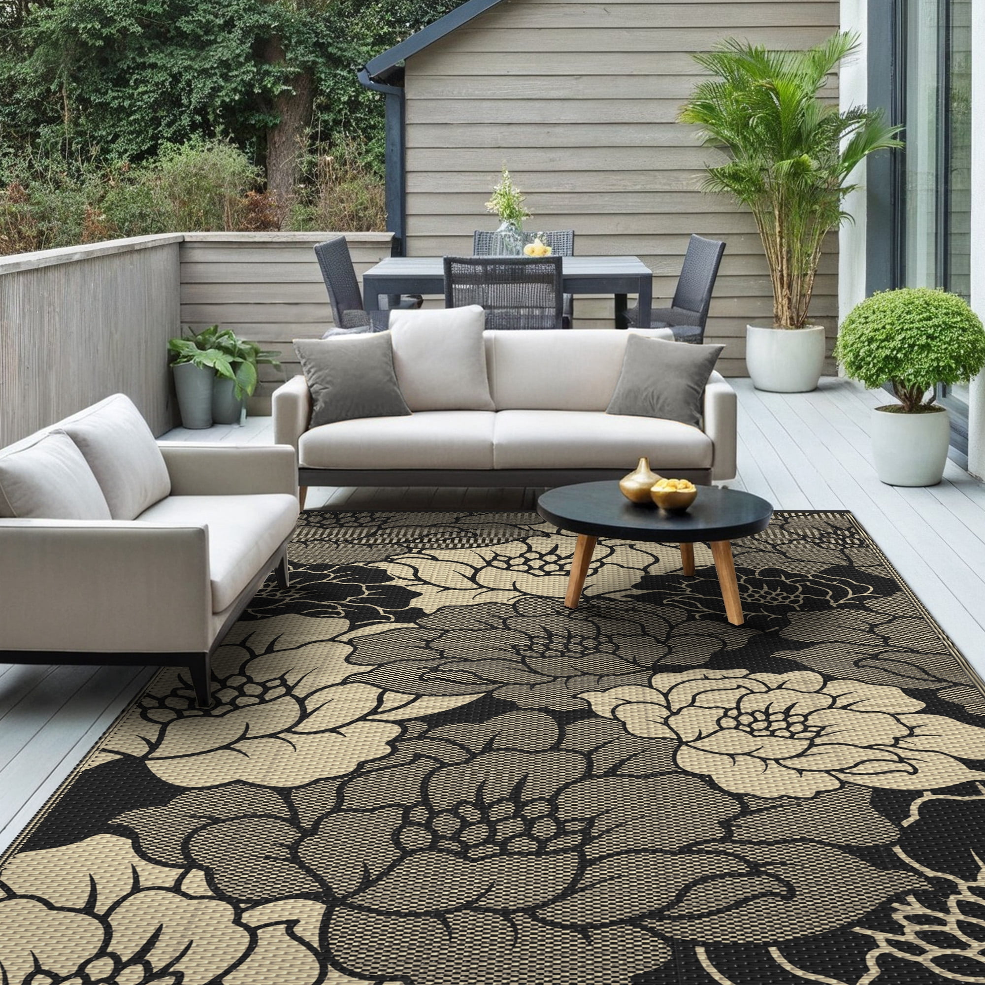 KUETH 8'x 10' Outdoor Rug Plastic Waterproof Outside Foldable Flower Mat UV Resistant Patio RV Deck Carpet,BLACK BEIGE