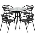 thumbnail image 1 of 31.5'' Round Glass Metal Table with 4 Black Metal Aluminum Slat Stack Chairs, 1 of 9