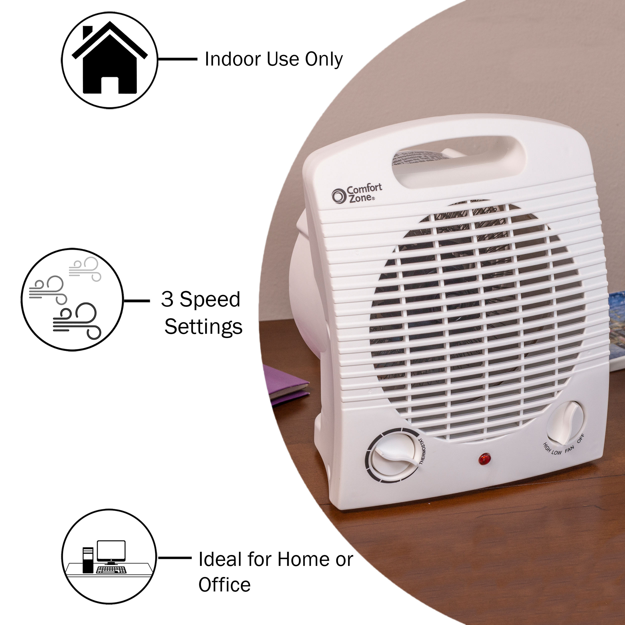 Comfort Zone 750/1,500-Watt Portable Compact Space Heater with Thermostat, White - image 2 of 7