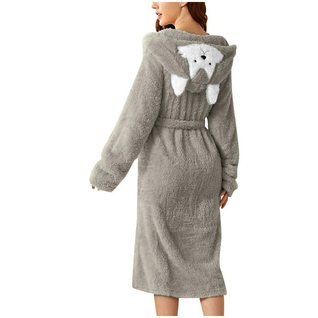 Women's Double Pocket Hooded Flannel Robe Soft Double Faced Velvet Bathrobe For Cozy Home Wear