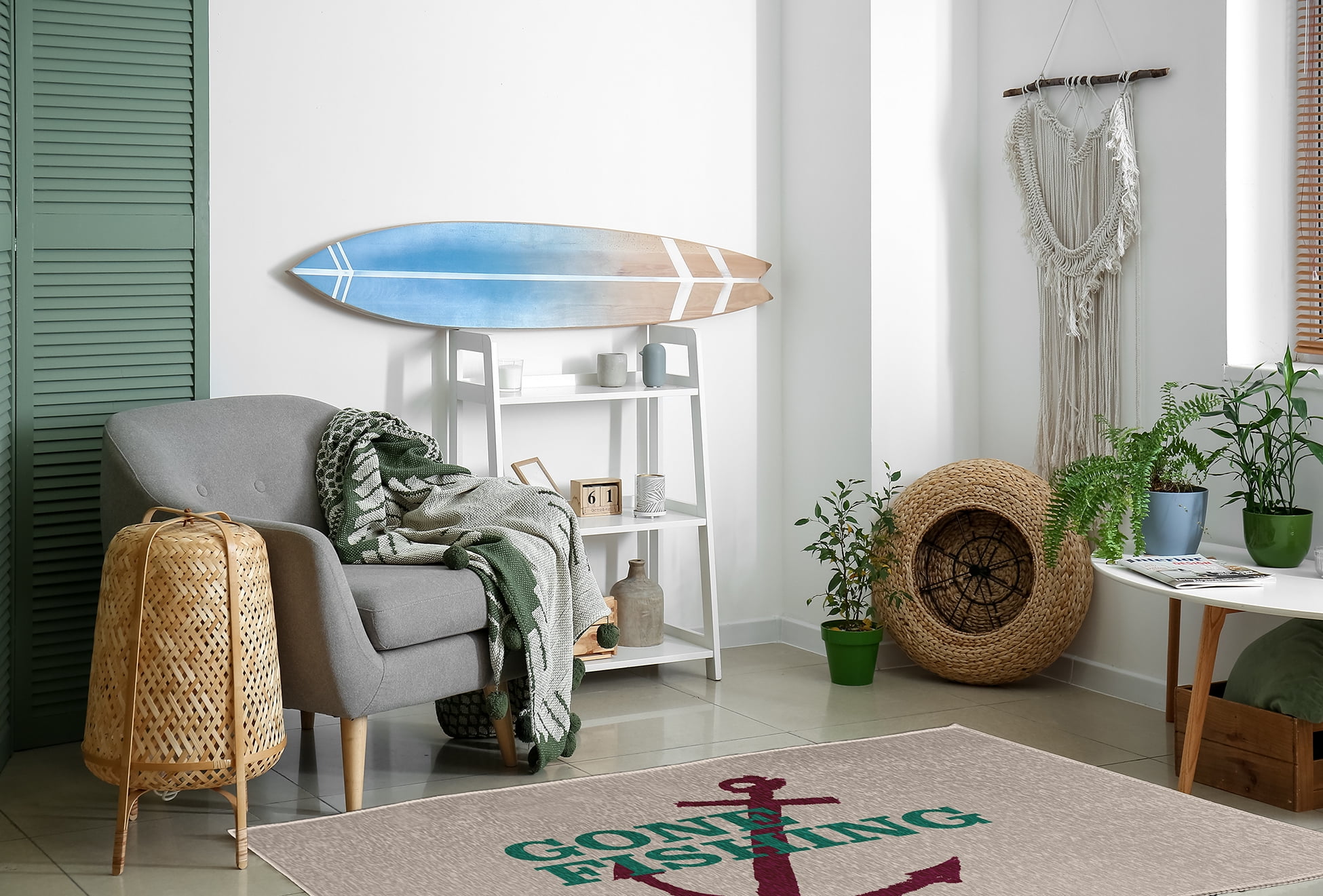 4' x 6' Simply Daisy Gone Fishing Beach Style Chenille Area Rug, Kelly Green