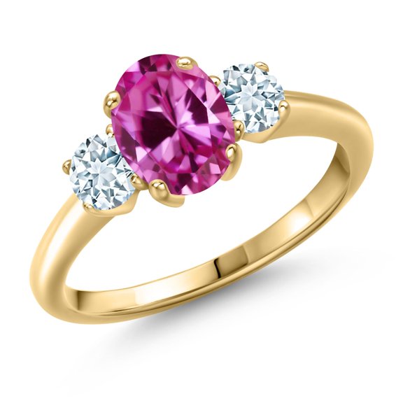 Gem Stone King 2.15 Ct Pink Created Sapphire Sky Blue Aquamarine 18K Yellow Gold Plated Silver Ring (Size 7)