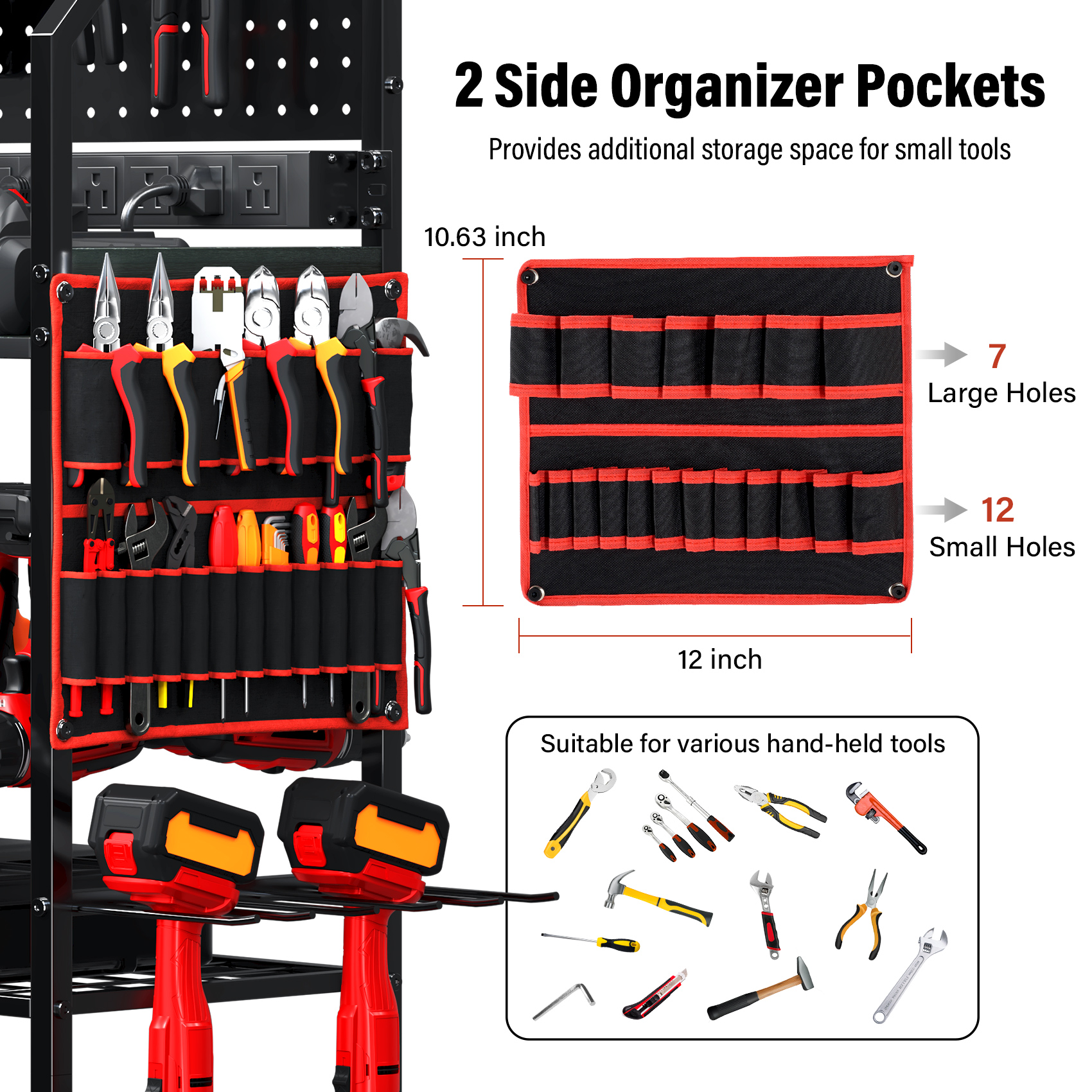 TC-HOMENY Movable Power Tool Organizer Cart w/ 8 Outlets Charging Station, 24 Power Drill Tool Battery Storage Rack for Garage, 3-Tier Tools Organizer with Pegboard, Festive Gifts for Men Dads Father
