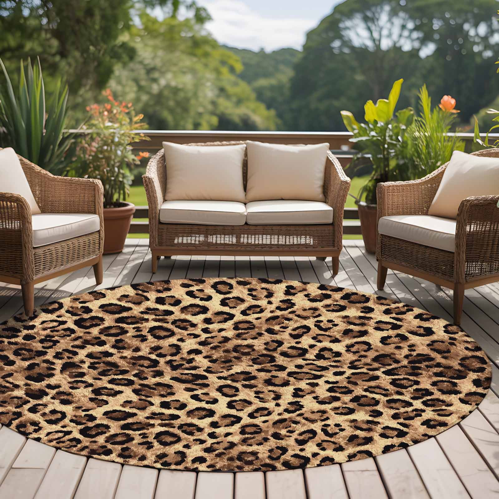 Leopard Printed Round Area Rug 8Ft Washable Large Circle Rugs for Living Room Dorm, Modern Animals Textured Brown Non-Slip Carpet Floor Mats Indoor Outdoor Carpet Runner Aesthetic Home Decor