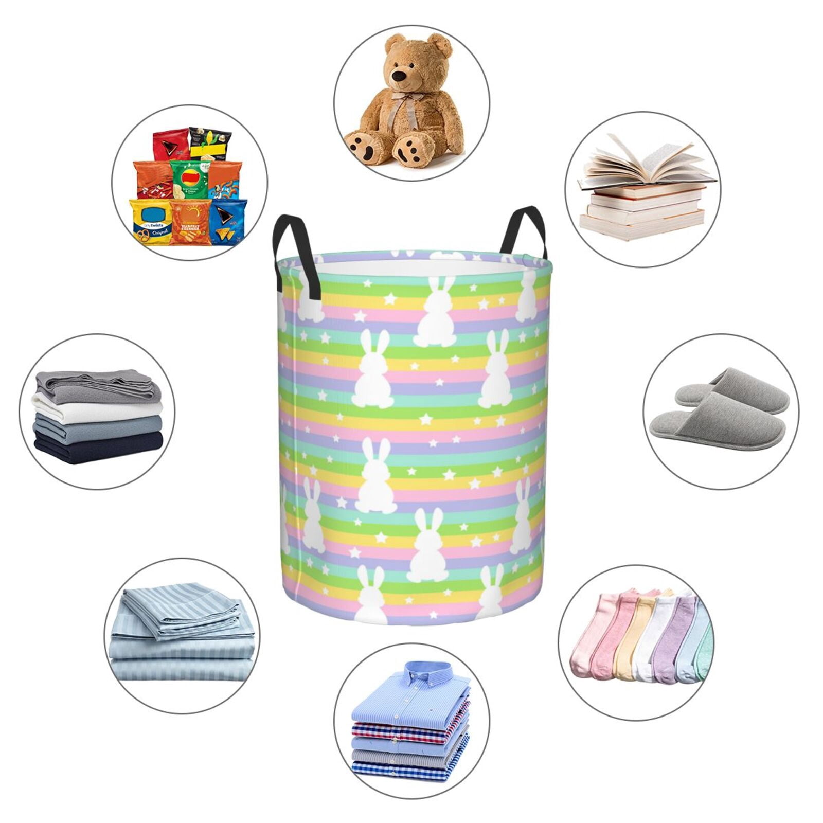 Large Laundry Basket with Handles - Stripes Stars Cute Rabbit White Kids Baby Dirty Clothes Laundry Hamper for Bedroom Aesthetic