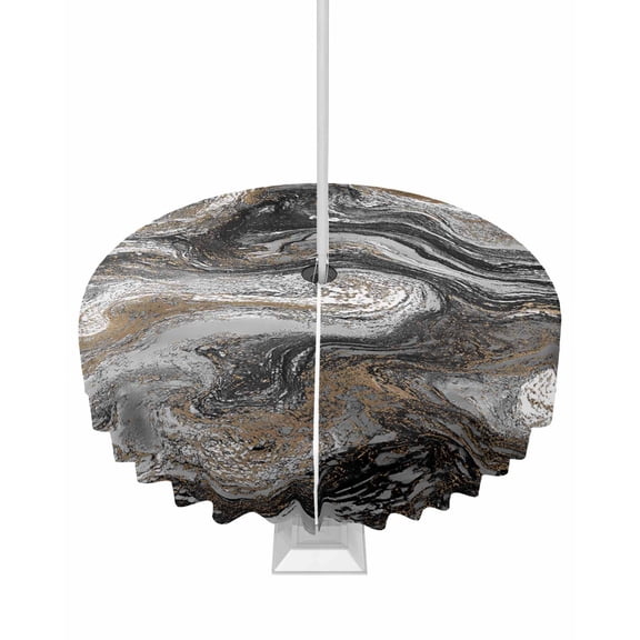 Hokiten Outdoor Tablecloths with Umbrella Hole & Zipper, Black Marble Round Tablecloths 60 Inch, Retro Chic Abstract Mottled Texture Art Waterproof Table Cloth, Patio/Pool/Picnic Table Covers