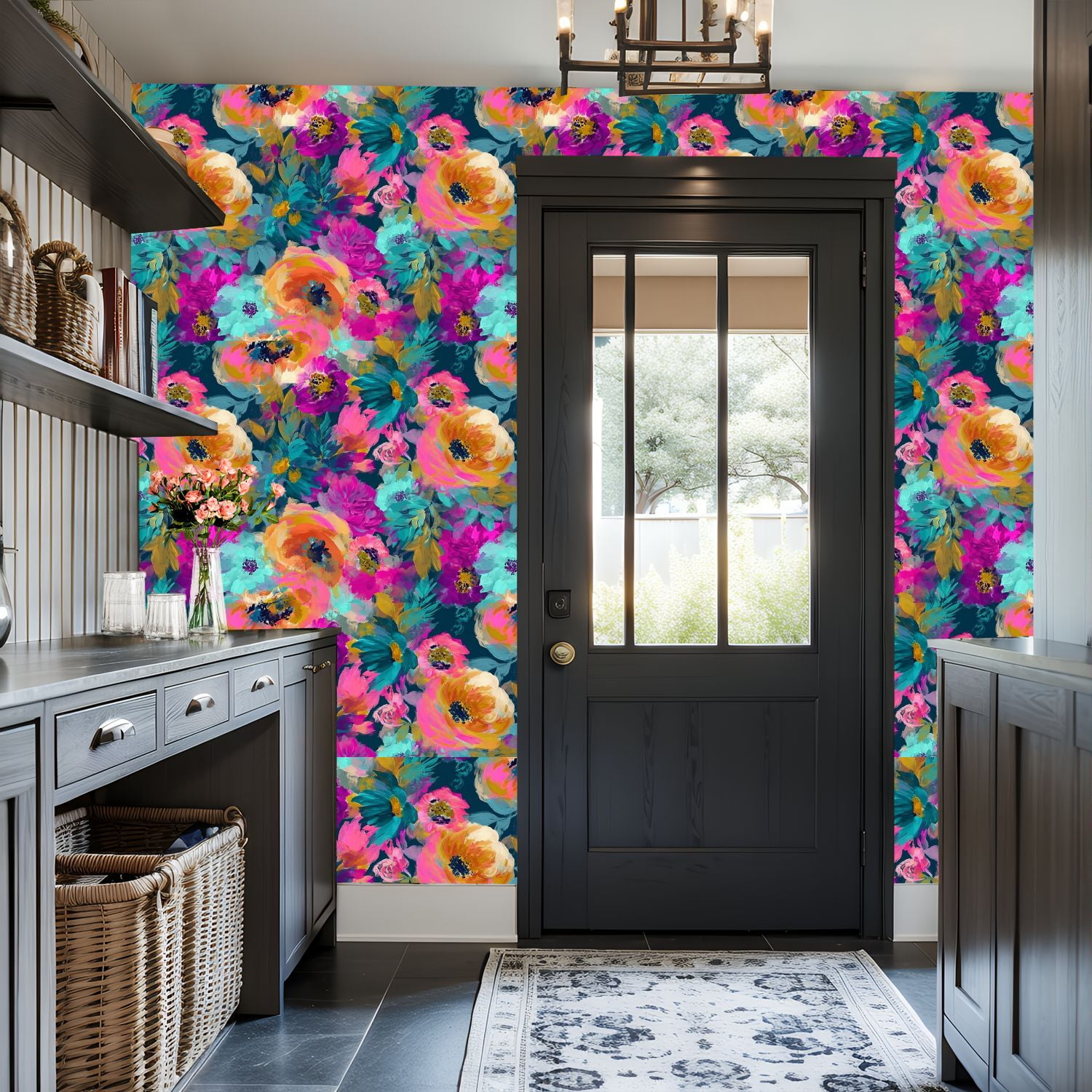 Peel and Stick Wallpaper Vibrant Floral Bouquet Bold Pink Purple Orange Flowers Wall Mural 17.7in x 9.8ft Self Adhesive Removable Wall Paper Renter Friendly Wallpaper for Nursery Bedroom Cabinets